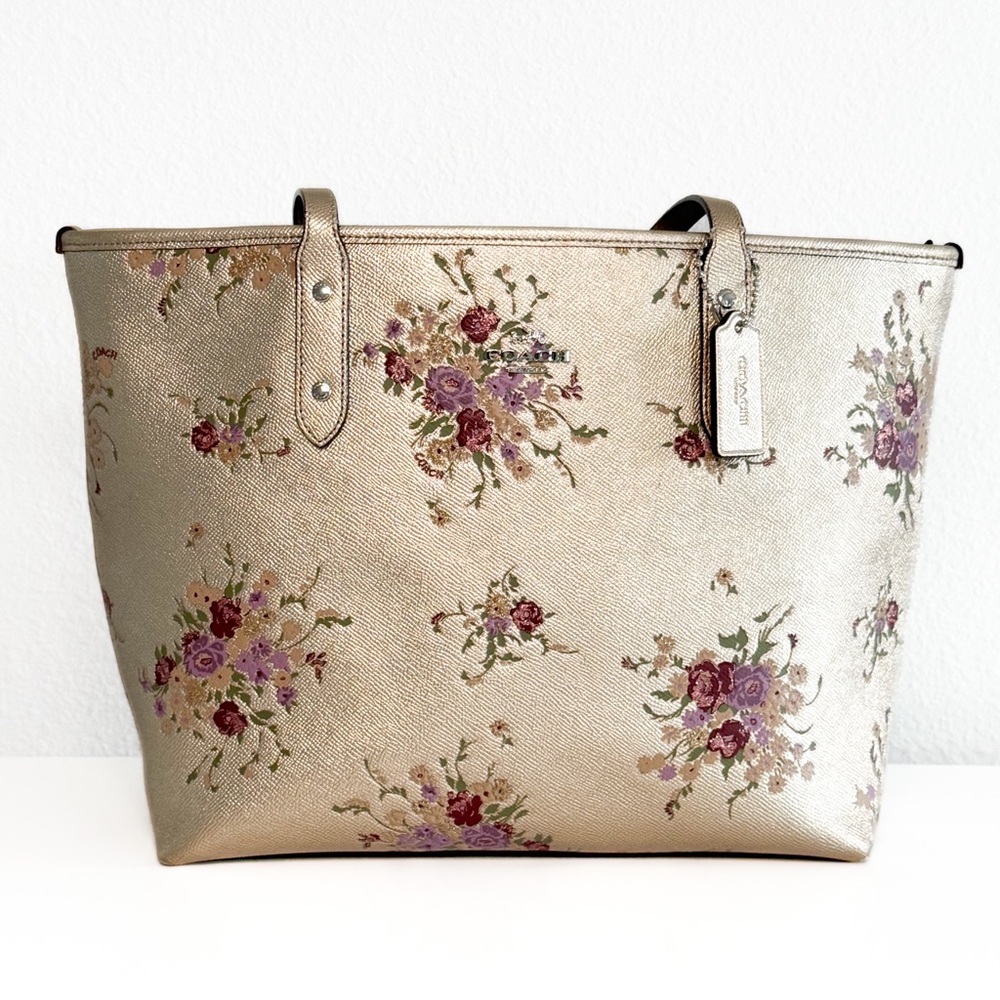 Coach Floral Print Platinum Metallic City Zip Tote